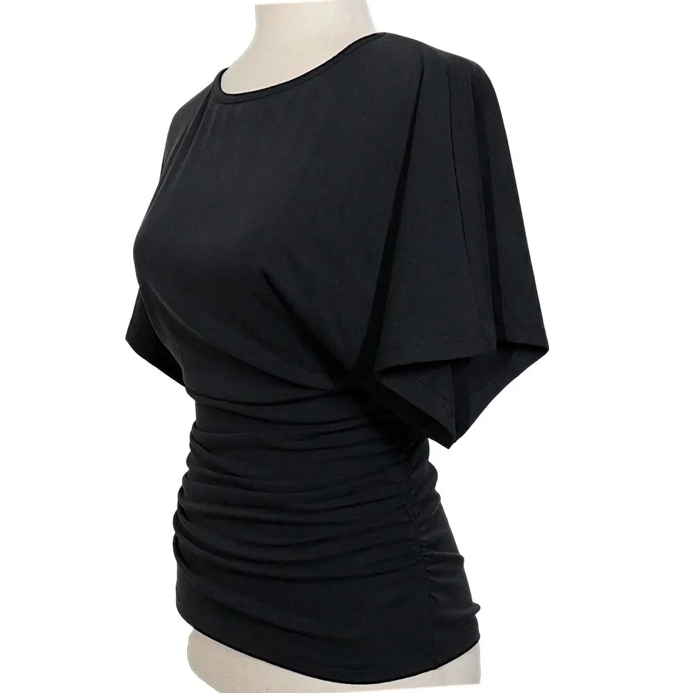 OGL Sandwashed Effortless Boatneck Batwing Sleeve Side Ruched Top Black Size XL - Picture 2 of 9